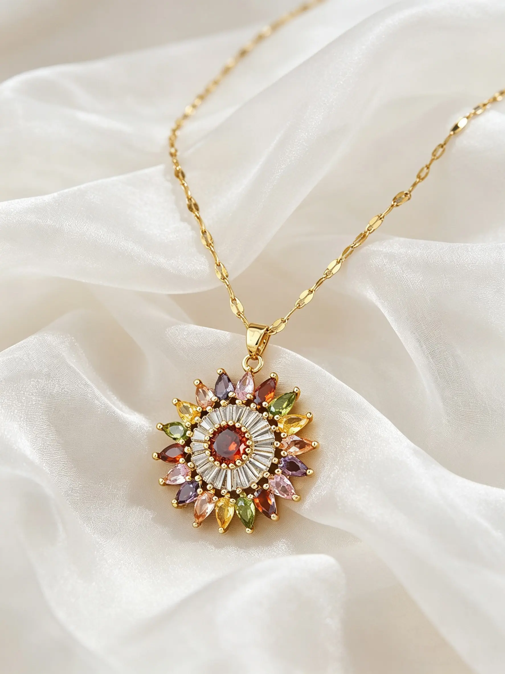 Multicolor Rainbow Crystal Sunflower Pendant Necklace for Women, Pave Marquise Round Sparkly Cubic Zirconia Sun Statement Necklace Dainty Titanium Steel Chain Choker, Bohemian Jewelry Gift for Birthday Party