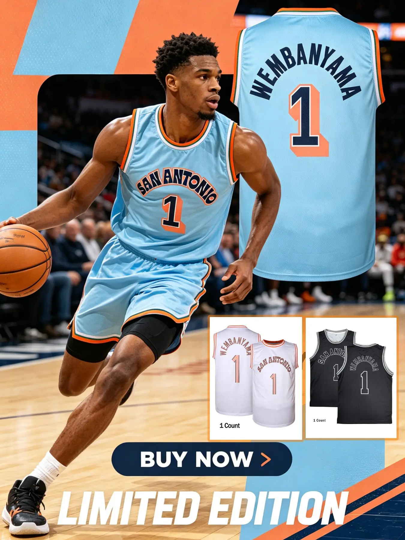 Men's #1 Wembanyama Basketball Jersey, Sports Style Jersey, Blue, Multi-Color Options, Lightweight Breathable High-Quality Sports Wear, Casual Sports Top