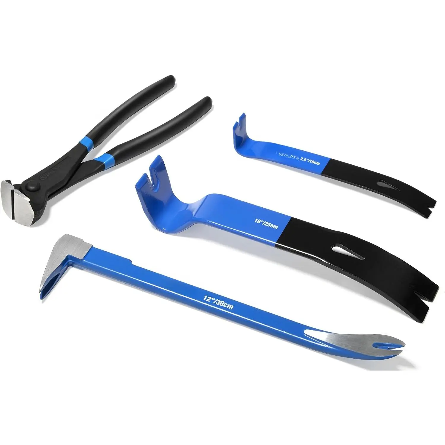 4-Piece Pry Bar Set, 12-Inch Cats Paw Nail Puller, 10-Inch & 7.5-Inch Flat Claw Pry Bars, 8-Inch End Cutting Pliers, Utility Wonder Crowbar, Nail Remover Tool for Baseboard, Floor, Nails Removal