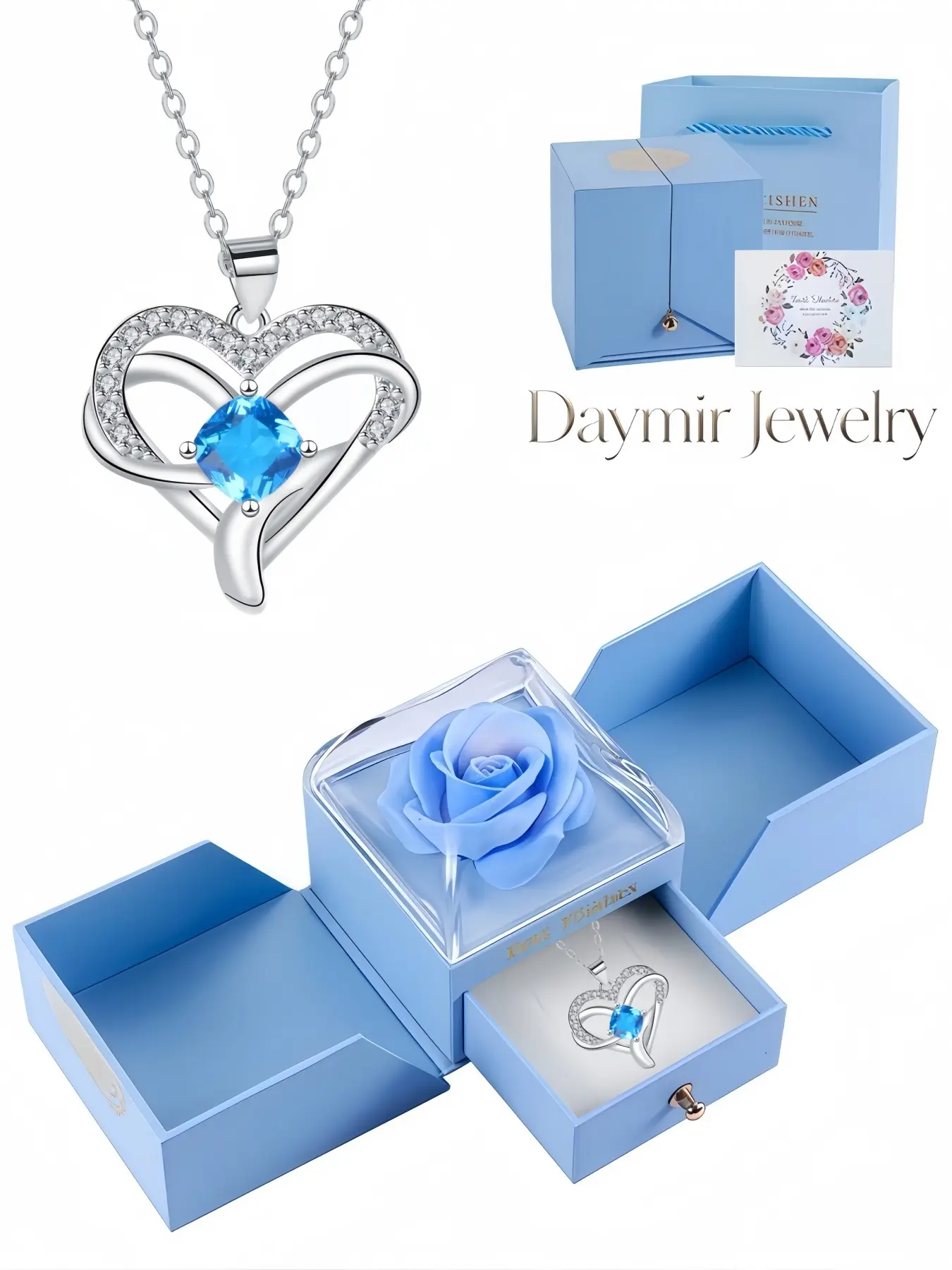 "Azure Infinite Heart", elegant infinity love heart gem necklace with double-door everlasting rose box, sweet dating gifts for Valentine’s Day and Christmas.