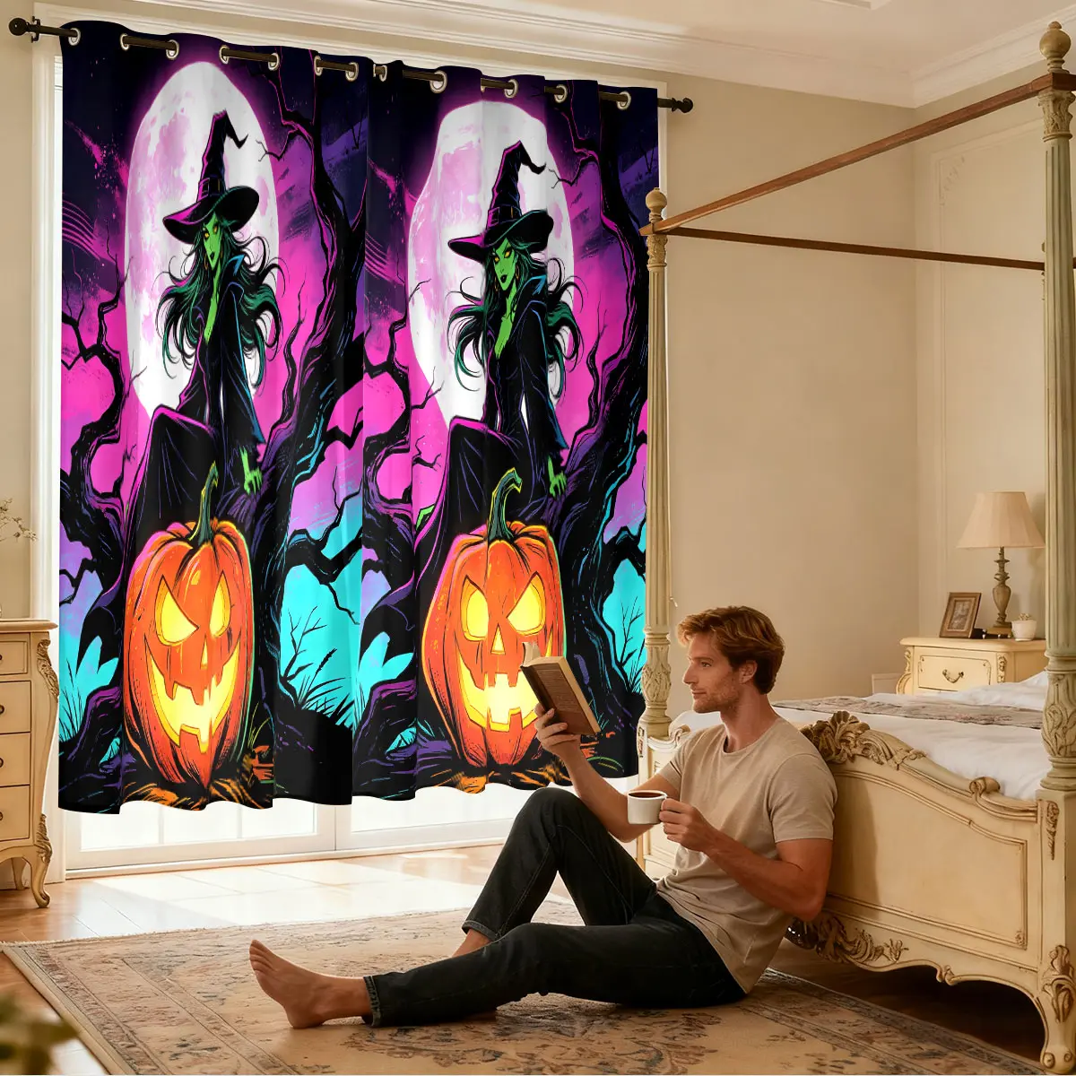 1 piece of 90g polyester translucent digital-printed curtain with a Halloween witch and pumpkin moonlit night pattern, suitable for door curtains, bedroom closet curtains, and home soft furnishings, and is also a great gift option