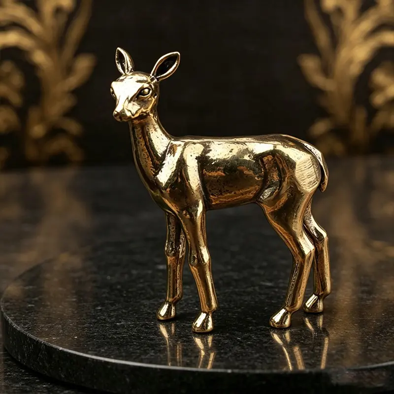 Golden Copper Deer Sculpture for Office Desk Decor and Home Display, Elegant Tabletop Figurine of a Male and Female Fawn, Artistic Craftsmanship