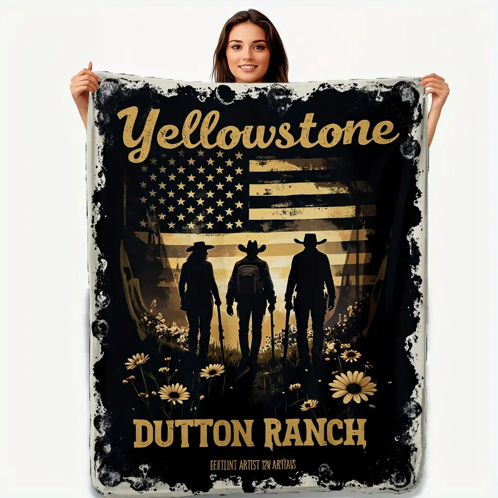 1pc Cozy Vintage Western Throw Blanket Yellowstone Dutton Ranch Art Cowboy Silhouettes American Flag Wildflowers Plush Lightweight Flannel AllSeason Sofa Camping Bed Office Decor Perfect Gift for Home Lovers