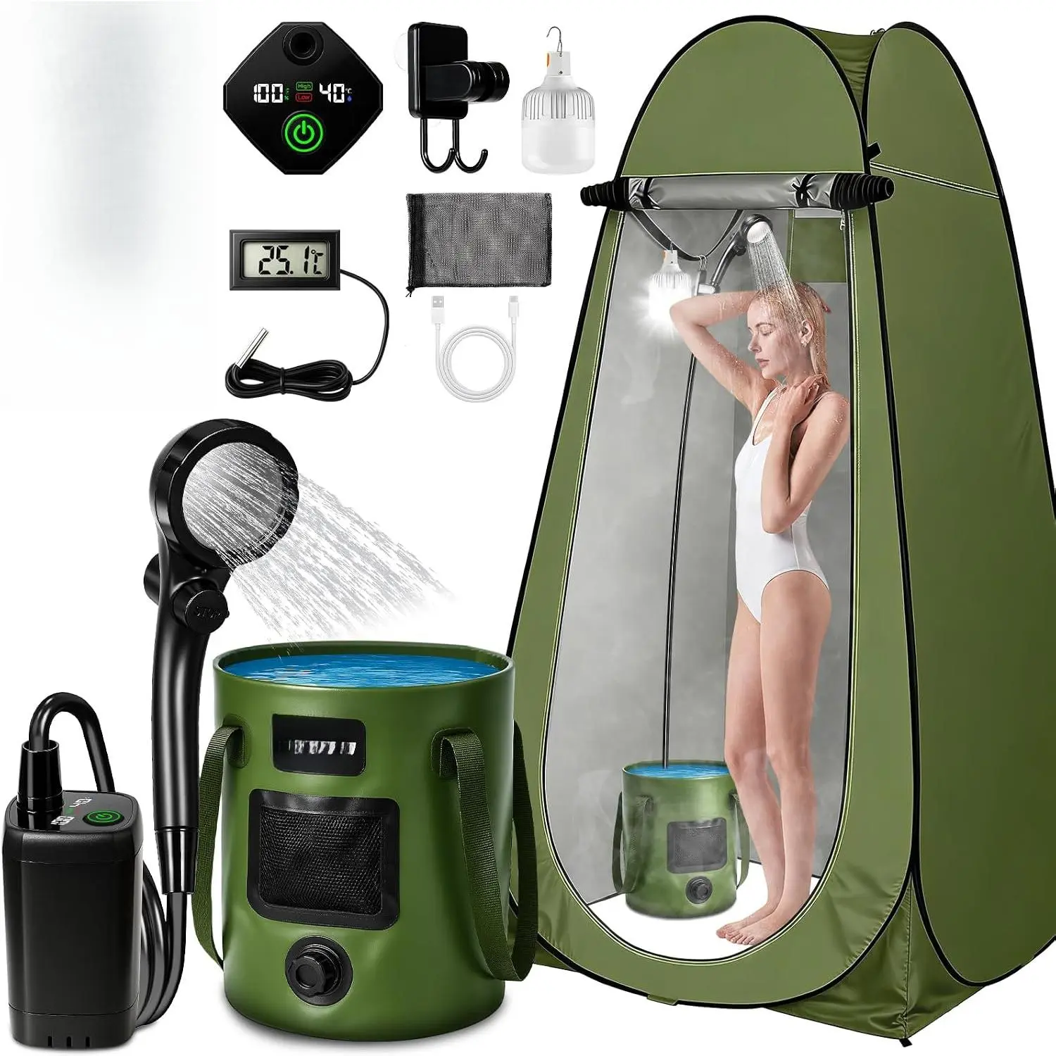 Portable Shower with Heater, Pop Up Camping Shower Privacy Tent Kit with LED Lights, 6000mAh Rechargeable Shower Pump, 6.6 Gal Foldable Bucket, Outdoor Camp Shower Kit for Travel, Pet Bath, Car Wash