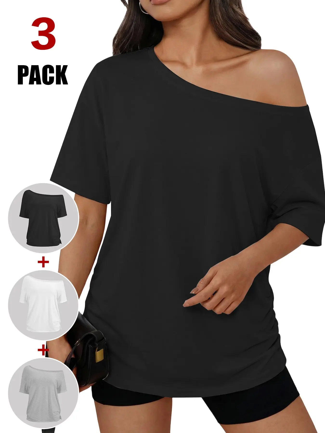 Women Casual Basic Everyday T-Shirt, Asymmetrical Slant off Shoulder, Short Sleeve Oversized Tee, Side Ruched Detail, Soft Stretchy, 4 Neutral Shades