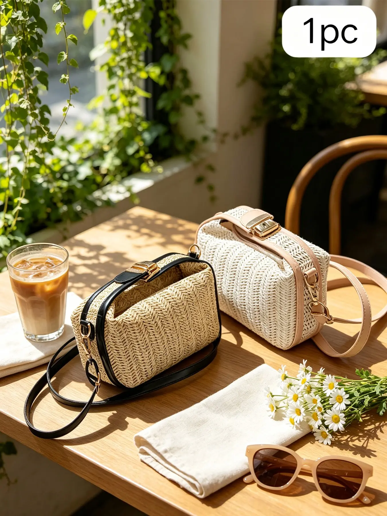 Dual Color Handmade Braided Straw Shoulder Clutch, Boho Style Mini Bag with Adjustable Leather Strap, Elegant Tropical Women's Bag