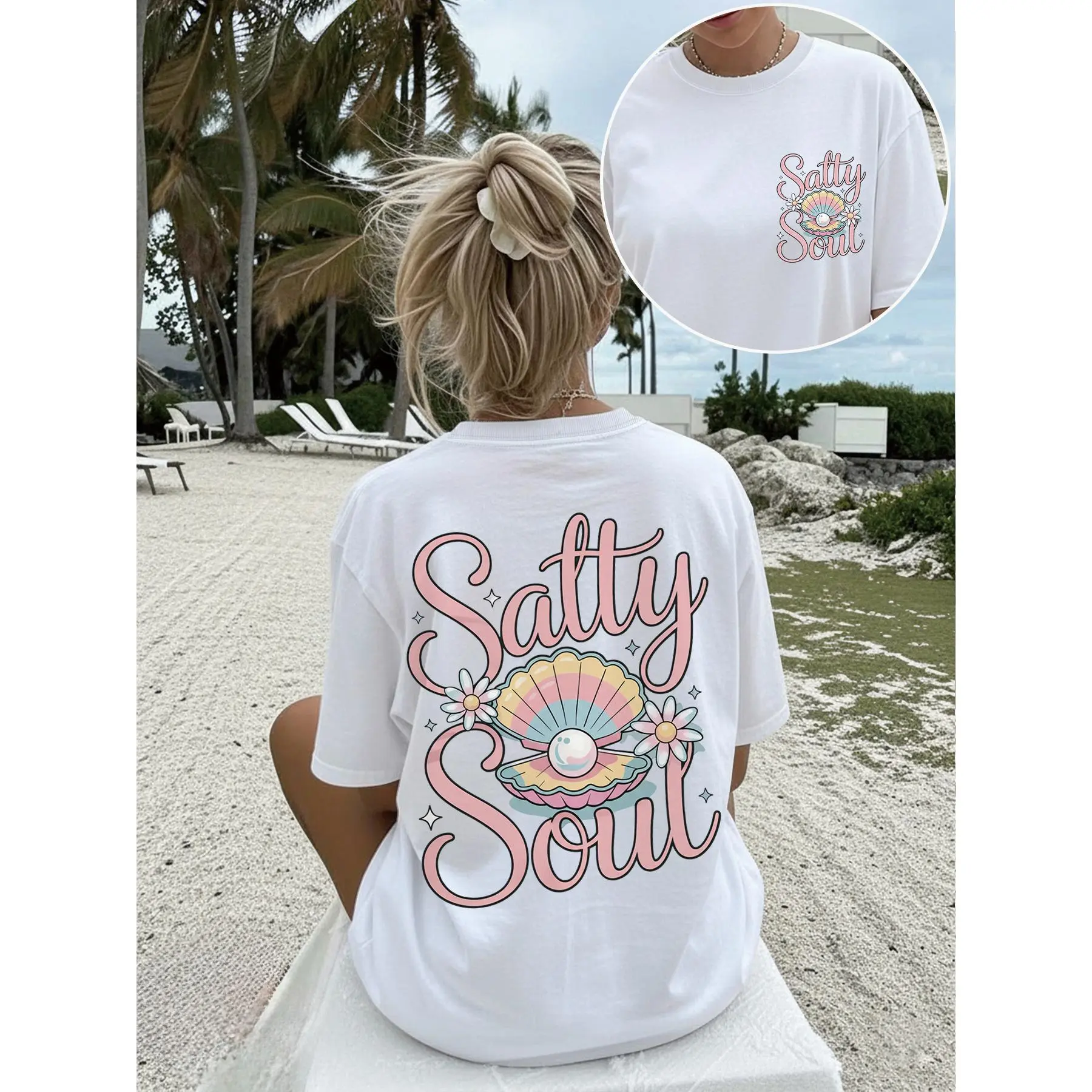 Salty Soul Seashell Double Print Cotton Tee, Pastel Beach Shell Floral Casual Women Summer Vacation Top,funny graphic tee,summer graphic tees,tee