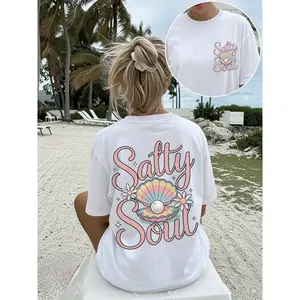 Salty Soul Seashell Double Print Cotton Tee, Pastel Beach Shell Floral Casual Women Summer Vacation Top,funny graphic tee,summer graphic tees,tee