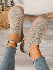 Women's Minimalist Solid Hollow Knit Lace Up Rugged Sole Platform Sneakers, Breathable Mesh Light Non-Slip Thick Sole Walking Shoes, Casual Athletic Footwear for Spring Summer Daily Street & Outdoor Outfits