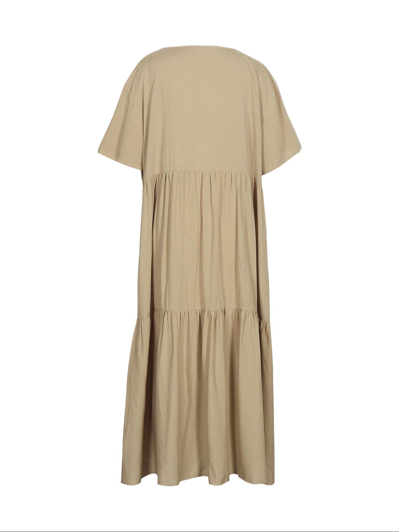 Plus Size Women's Summer Casual Loose V-Neck Plain Long Dress, Bohemian Boho Style, Short Sleeve, Tiered Layer, Spring & Fall Fashion Plus Size Women's Summer Casual Loose V-Neck Plain Long Dress, Bohemian Boho Style, Short Sleeve, Tiered Layer, Spring & Fall Fashion