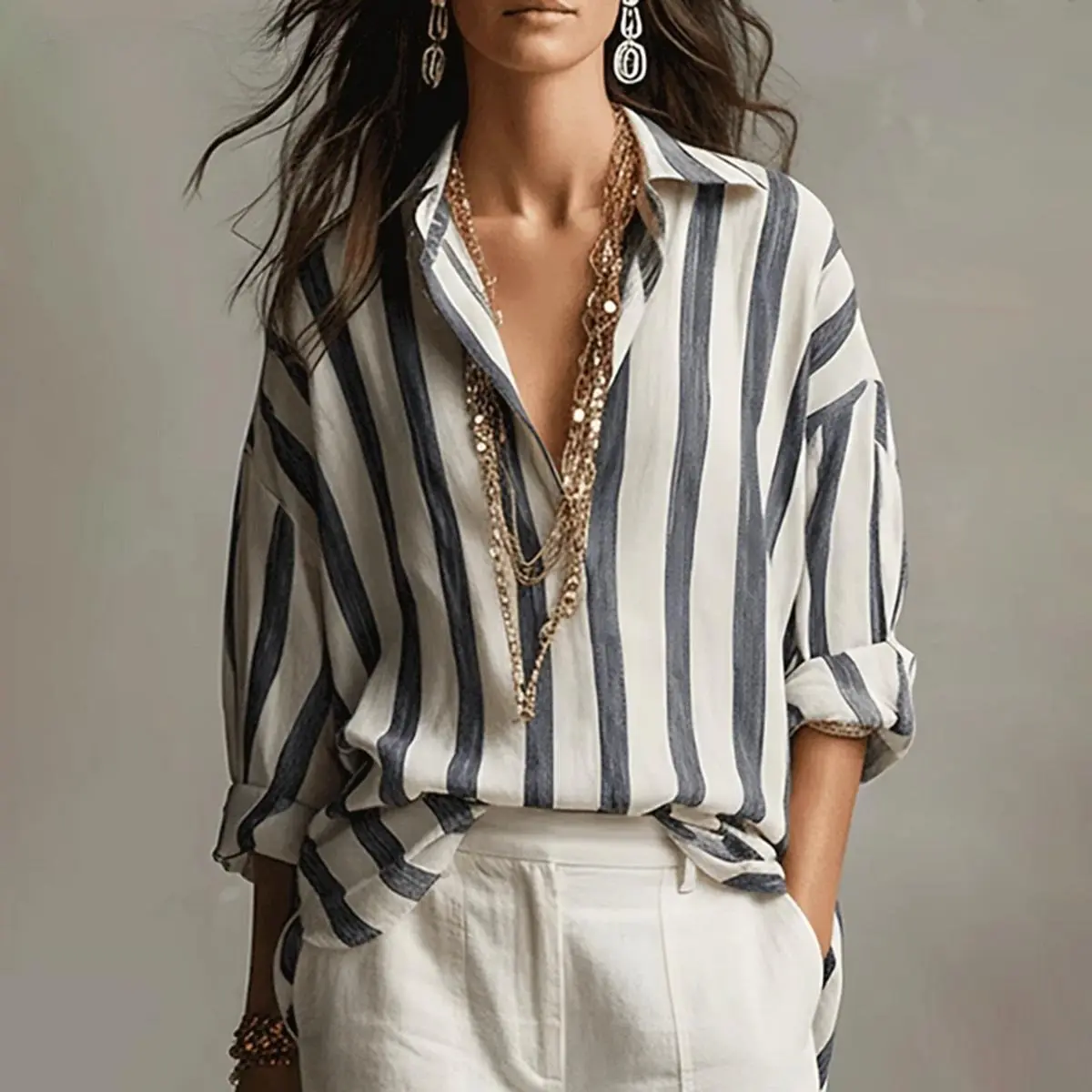 Women's Preppy Brushstroke Striped Blouse, Casual Oversized Long Sleeve Collared Popover with High-Low Hem for Everyday Workwear,back to school,back to school shopping, Leggings, Cardigan