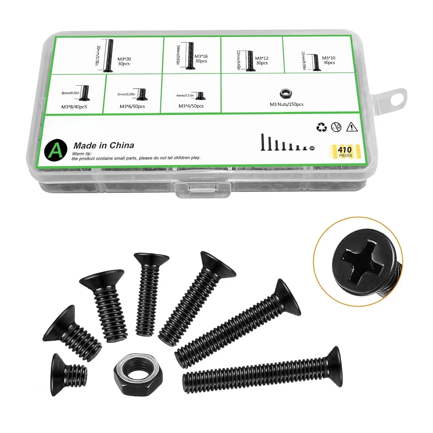 M3 Flat  Machine Screws and Hex Nuts Kit 410 count Black Countersunk  Phillips Screws  Nuts  Kit 7 Sizes M3x4/6/8/10/12/16/20mm for Equipment Maintenance and