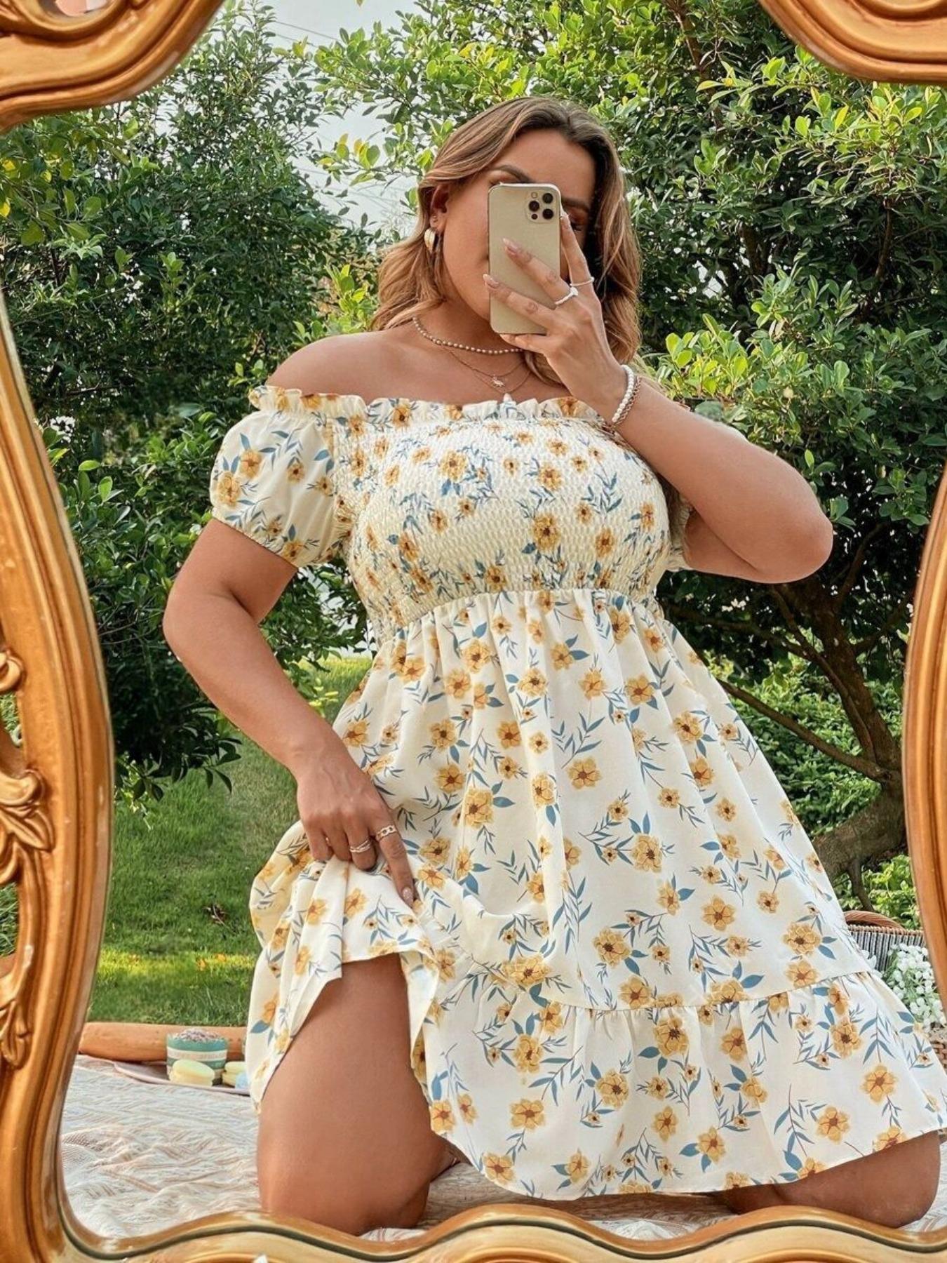 Plus Size Floral Print Off Shoulder A Line Dress, Boho Romantic Shirred Ruffle Hem Dress for Beach Vacation Holiday, Women's Plus Clothes for Summer