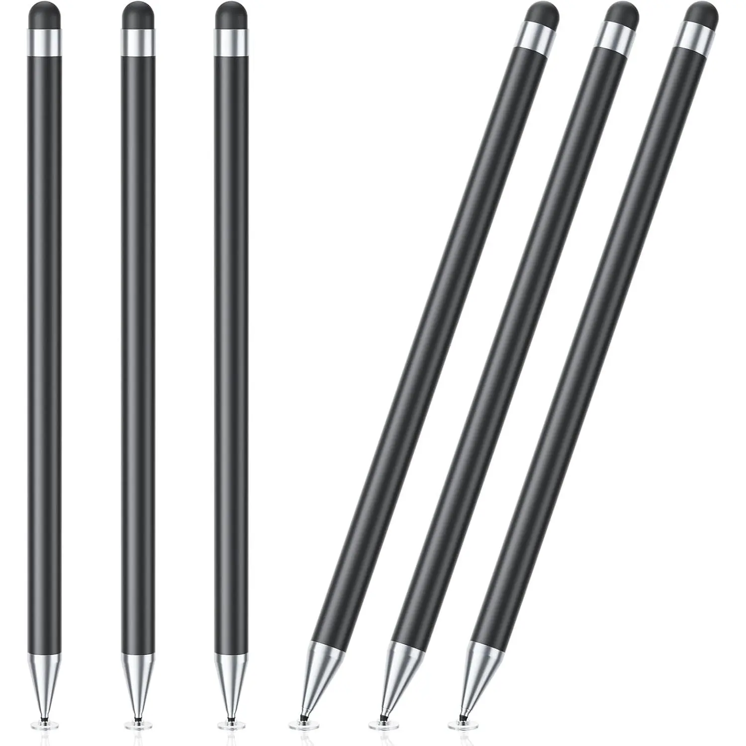 6-Pack Digital Durable Rubber 2-in-1 Stylus Pen with High Sensitivity, Capacitive Screen Compatible for iPad/Smartphones and Android Tablets (Black), Six-Pack