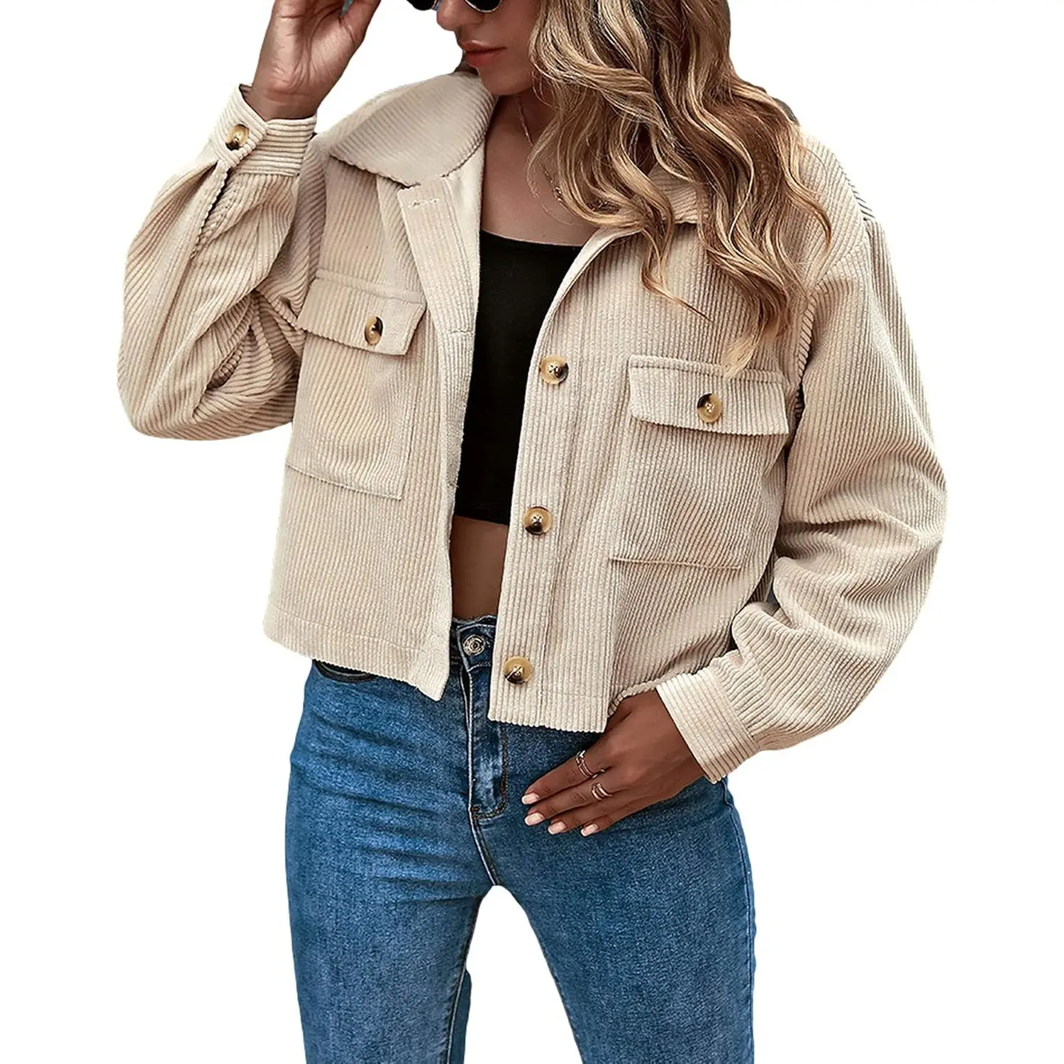 Women's Full Sleeve Corduroy Cropped Shacket - Button Down, Drop Shoulder, Flap Pocket Outerwear for Fall, Spring, Outdoors, Dating, Christmas Lightweight Casual Top