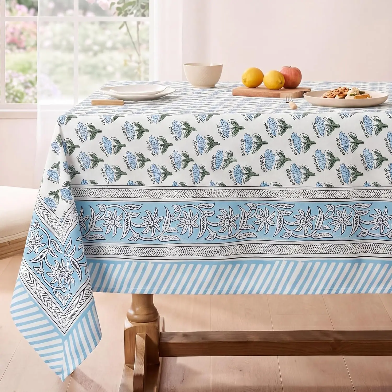 60x60 in Polyester Block Print Floral Tablecloth - Anti-Stain Farmhouse Tablecover for Weddings, Spring-Summer Barbeques, Mahjong (Blue)