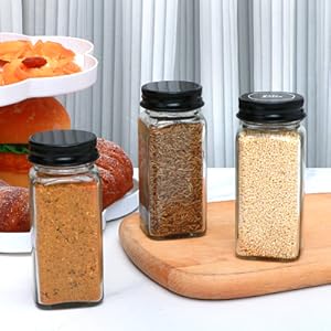 24pcs Spice Jars with180 Labels,Glass Spice Jars, Seasoning Containers,Seasoning Organizer,Include black metal lid, pen, grinder, stainless steel funnel, two type inner plugs