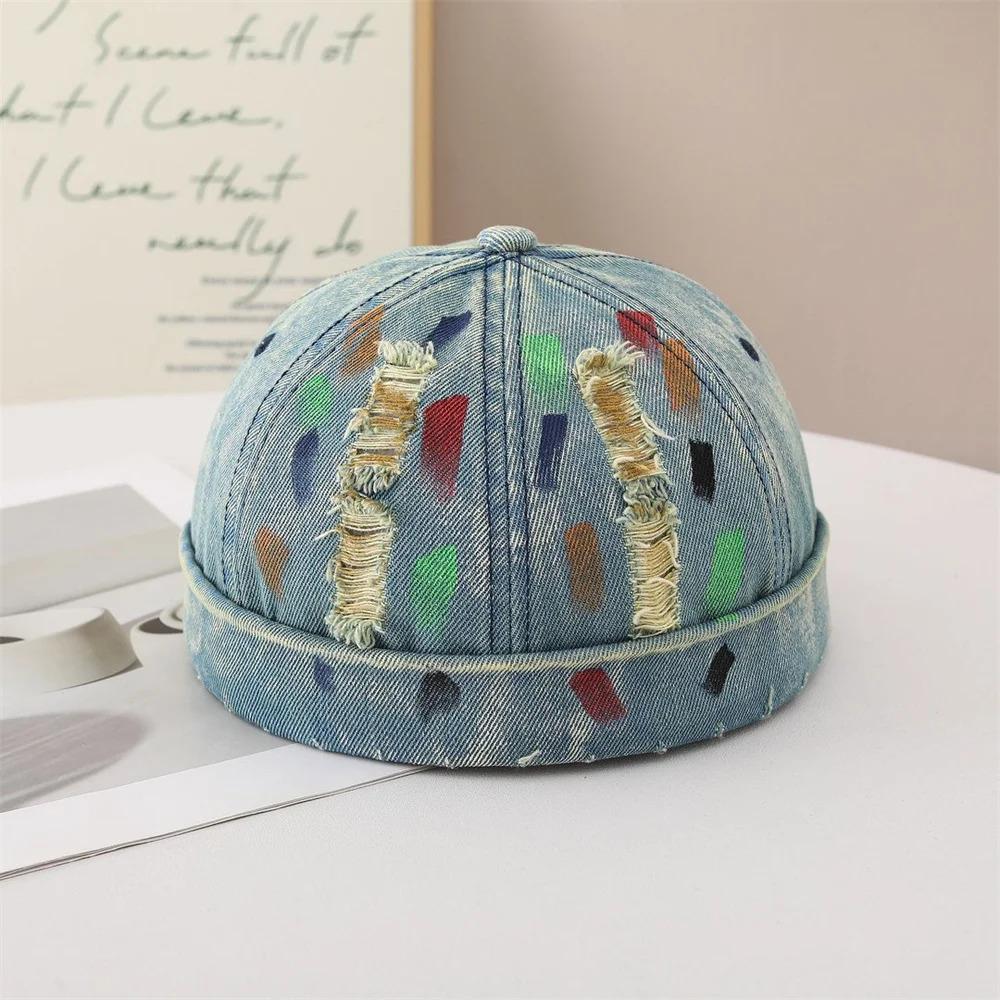 Vintage Distressed Denim Docker Cap for Men Women Retro Washed Miki Hat with Colorful Graffiti Print Streetwear Brimless Beanie