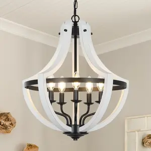 ARCH 5-Light White Wood Chandelier Candle Style Hanging Light Fixture for Dining Room Living Room Kitchen Island Foyer Entryway Bedroom Indoor Home Decor Ceiling Lighting, Home Furniture and Household Product Search Terms for US Online Shopping