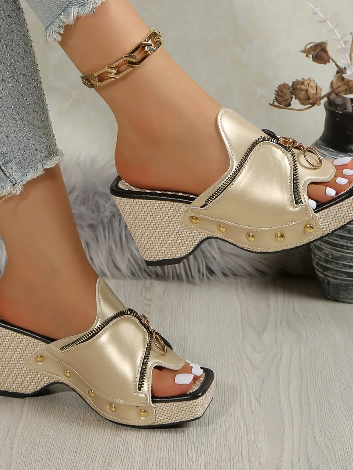 and Dark Two-Tone Zipper Rivet Braided Wedge Sandals, Square Toe Retro Workwear Thick Sole Open-Toe Outdoor Chunky Heel Mules