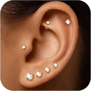6Pcs Flat Back Stud Earrings Set for Women & Men – 2,3,4,5,6,7,8mm Diamond Silver Plated Surgical Steel Screw Back Nap Earrings Set, Hypoallergenic Cartilage Studs for Helix, Tragus & Earlobe Piercings Comfortable Everyday
