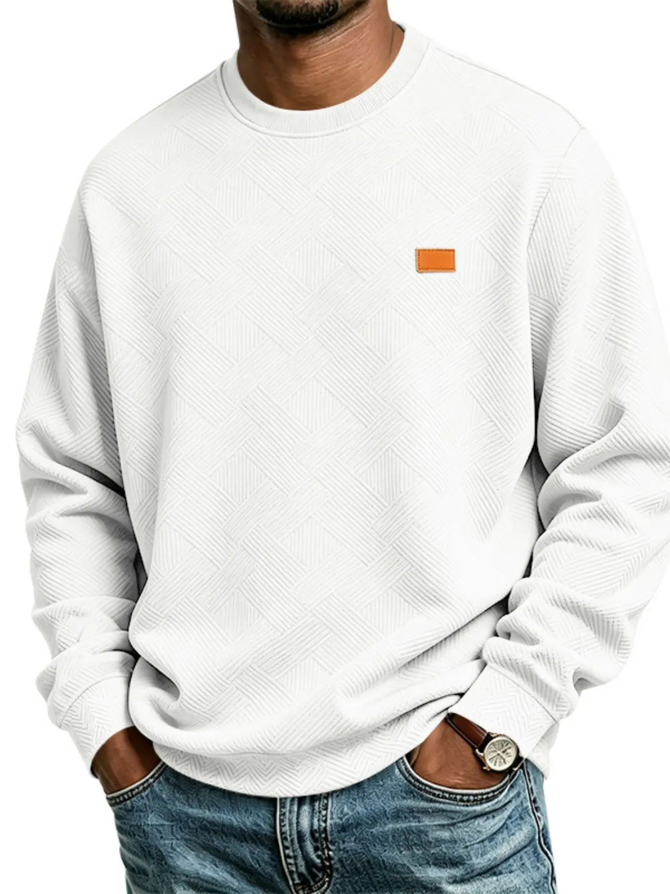 Men's Heavyweight Jacquard Round Neck Long Sleeve Sweatshirt, Simple Small Logo Loose Fit Casual Pullover, Soft Comfortable Pure Color