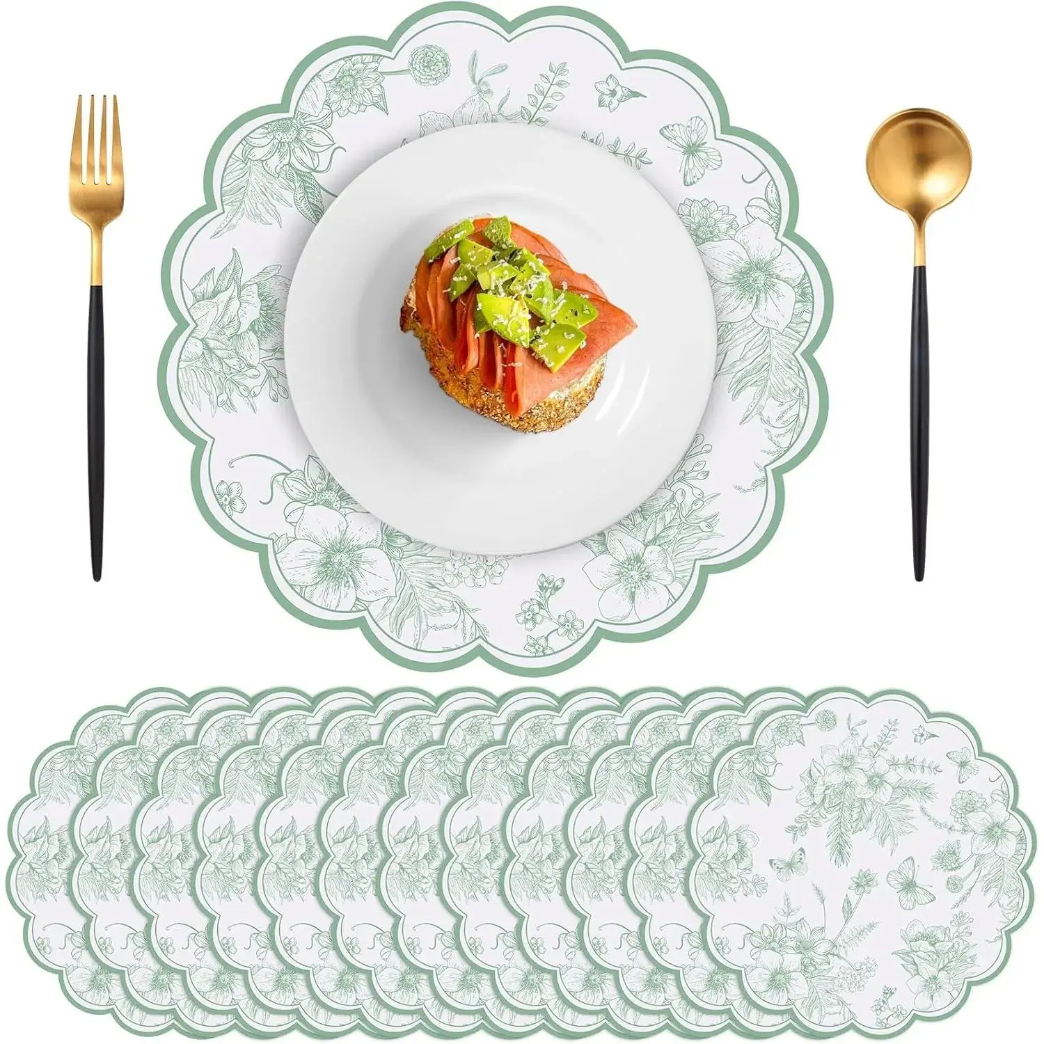 60 count Sage Green Floral Paper Placemat, 13.5 Inch Disposable Scalloped Table Mats Wedding Placemats, Floral Banquet Place Mats for Table Setting Wedding Bridal  Party Wildflower Party Decor