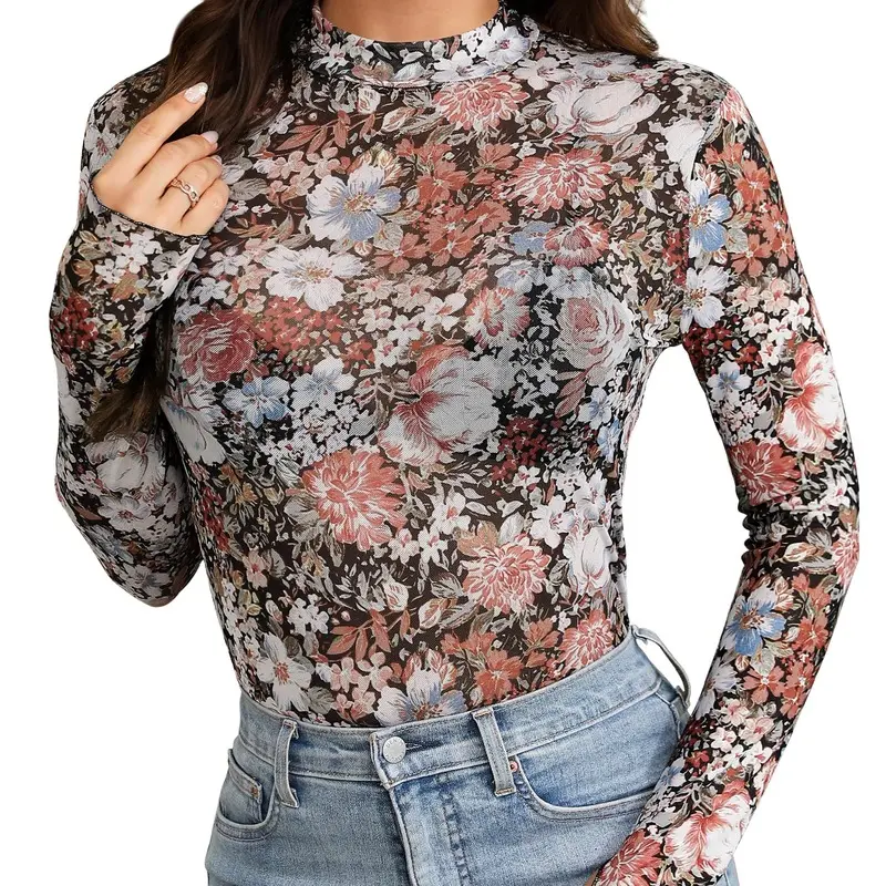 Women's Floral Print Mock Neck Sheer Mesh Blouse - Long Sleeve, Breathable Fabric, Ideal for Party, Evening, Festival Going Out