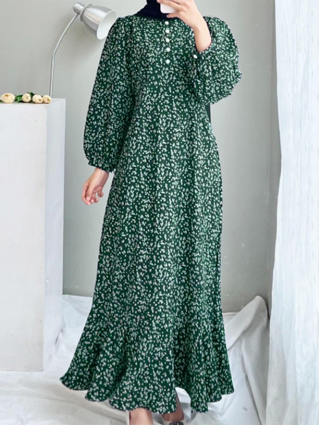 Women's Ditsy Floral Print Button Front Bishop Sleeve Ruffle Hem Flowy Long Dress, Casual Islamic Modest Style Clothing Modesty Wear Muslim Dress for Daily Wear Long Sleeve Dresses