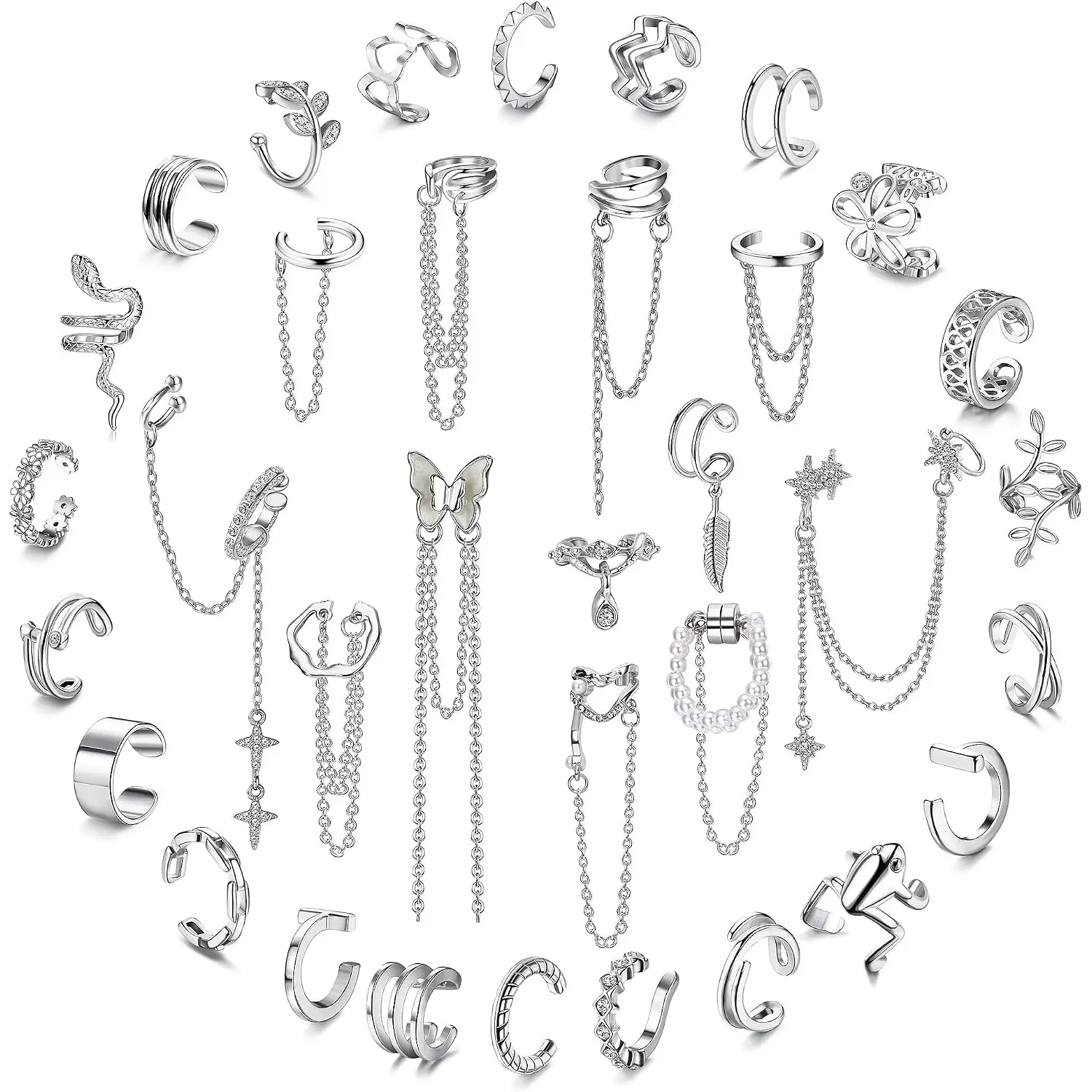 34Pcs Ear Cuff Earrings Set for Women, Adjustable Clip on Fake Cartilage Cuff Earrings, No Piercing Ear Jewelry Set