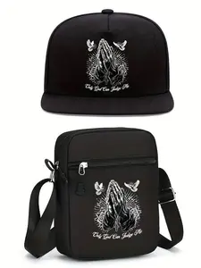 Jesus Redemption & Prayer Hand Print Neutral Flat Brim Hip Hop Baseball Hat and Crossbody Bag Set, Adjustable, Street Fashion Gift