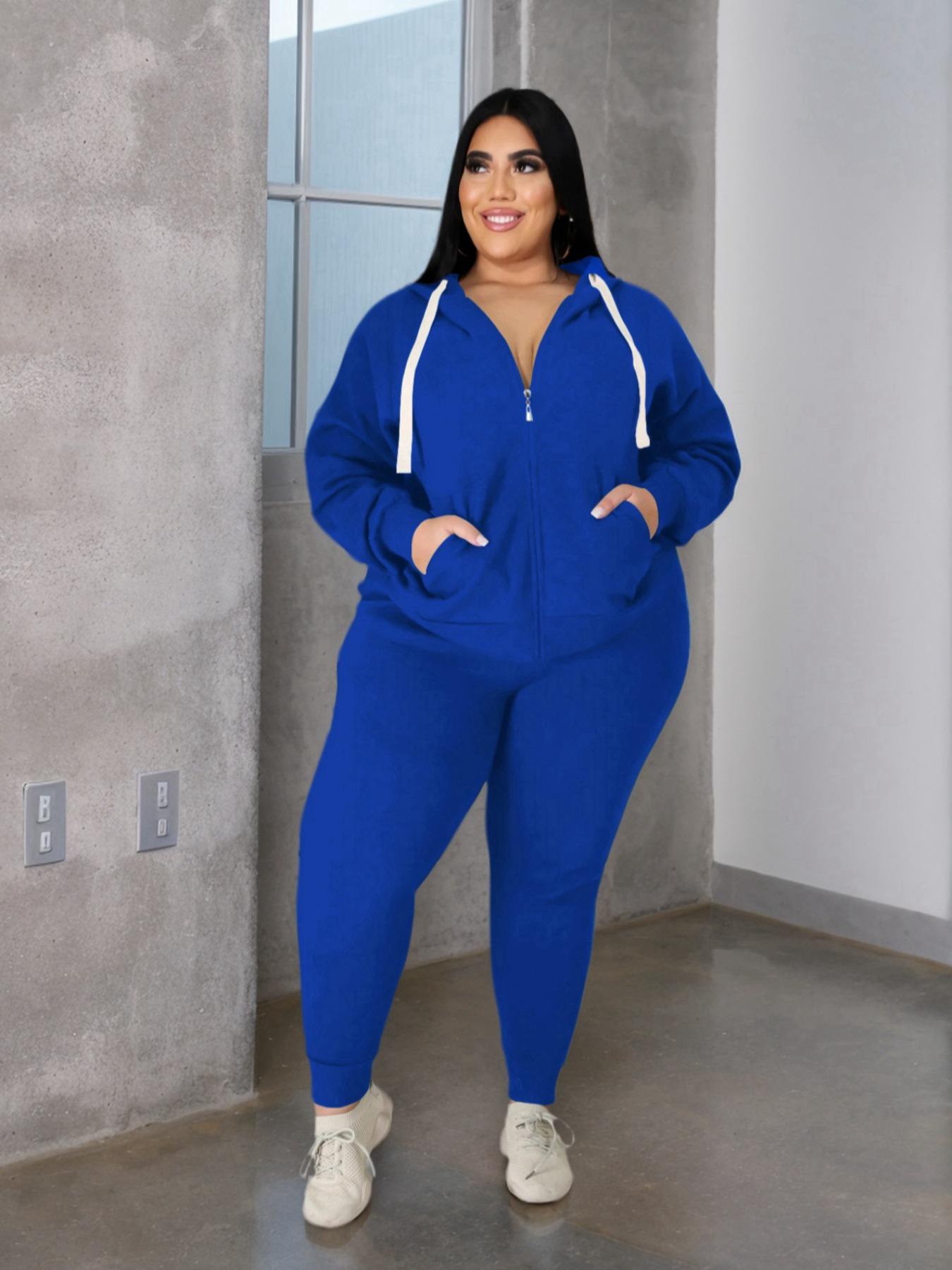 【Plus Size】 Two-Piece Set Solid Zip Up Hooded Sweatshirt & Drawstring Waist Pants, Casual Long Sleeve Hooded Sweatshirt & Pocket Trousers for Daily Wear, Women's Two-piece Outfits for Fall & Winter, Clothing Sets