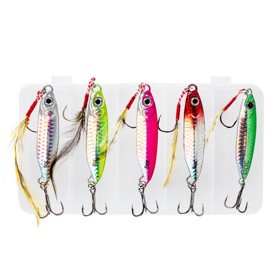 Artificial Fishing Lure Kit, 5 Counts/set Metal Jig with Treble Hook, Slow Jigging Lure for Fishing, Saltwater Artificial Bait for Fishing