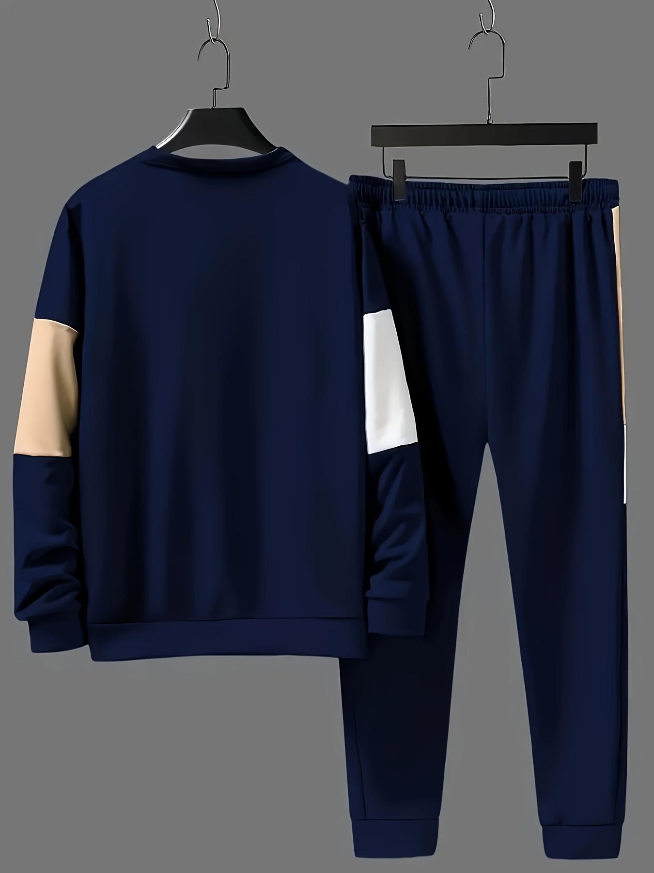 Men's color blocked 2-piece set, casual round neck long sleeved sweatshirt and sweatpants jogging pants set for winter and autumn, men's clothing
