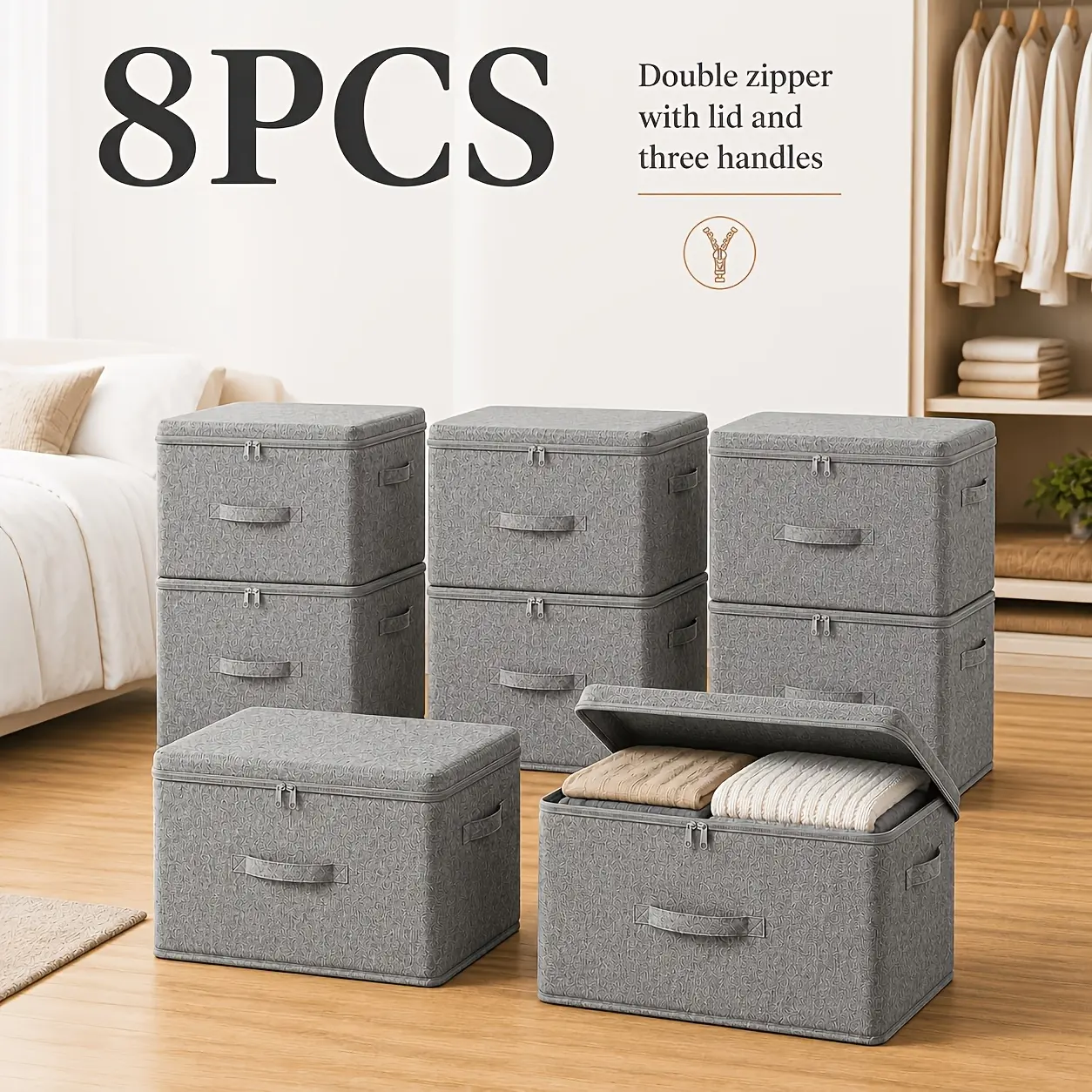 8PCS XXL Jumbo Capacity Foldable Fabric Storage Boxes, Closet Organizer Bins with Zipper Lid & Double Handles, for Clothes Bedding Blanket Storage, Ideal for Home Bedroom Wardrobe Kitchen
