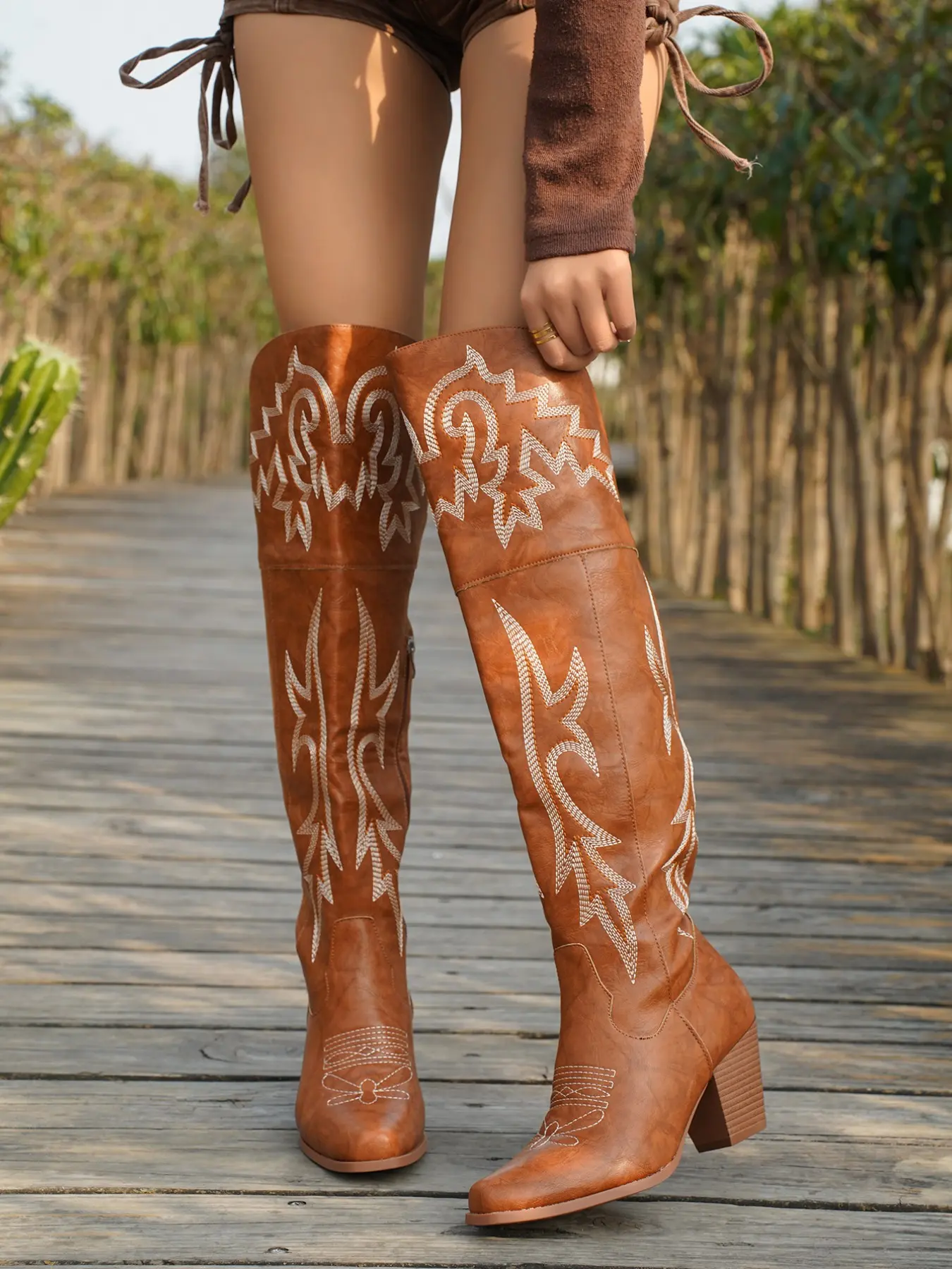 Boho Retro Embroidered Jeans Over-The-Knee Boots, Square Toe, Side Zip, Medium Width, Casual Style, All Seasons