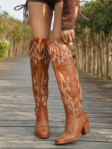 Boho Retro Embroidered Jeans Over-The-Knee Boots, Square Toe, Side Zip, Medium Width, Casual Style, All Seasons