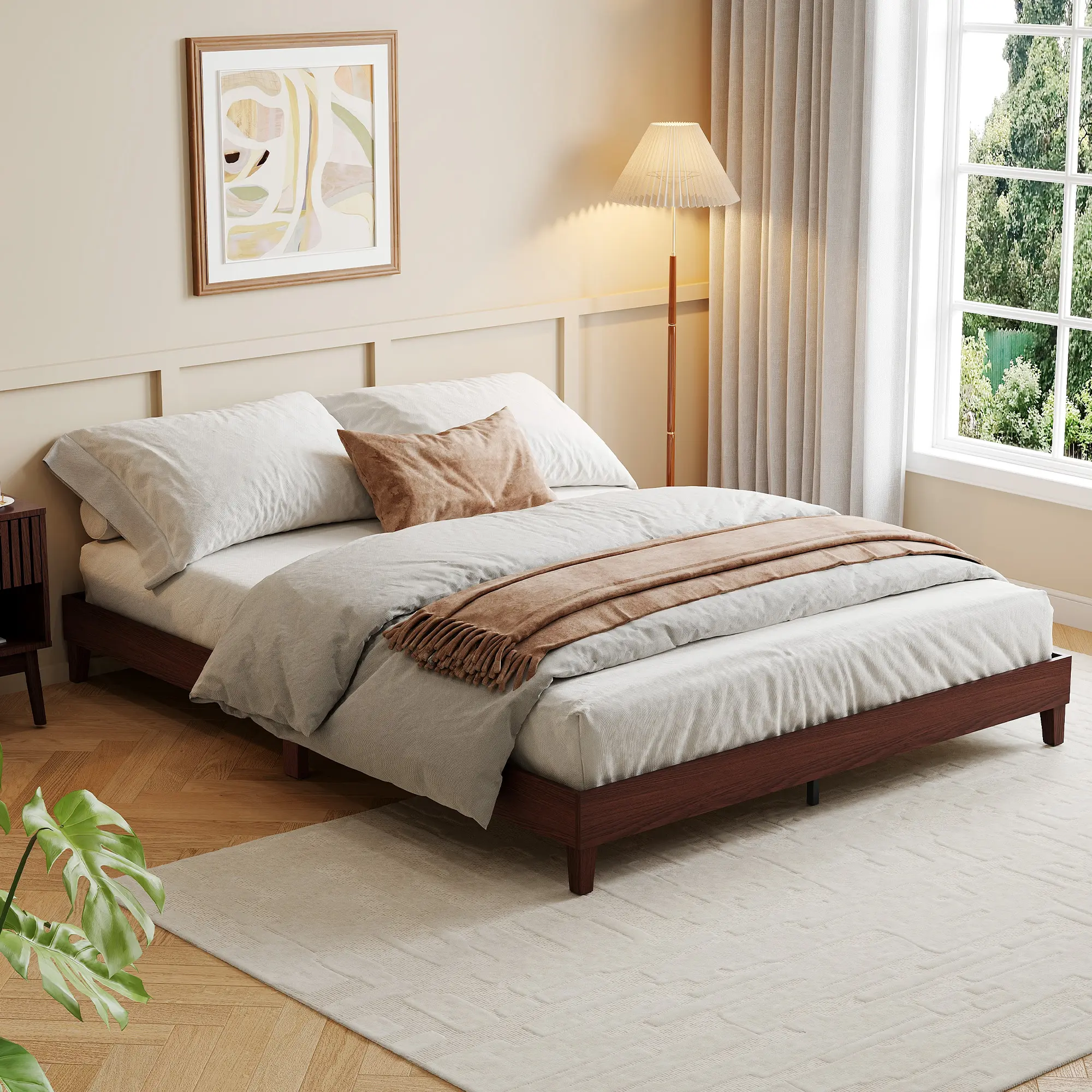 Wood Platform Bed Frame – 9" Queen Size, Noise-Free Support, Easy Assembly, No Box Spring, Under-Bed Storage – Red walnut