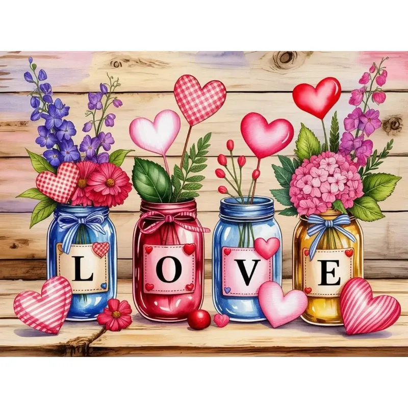 5D Full Drill Acrylic Diamond Painting Kit - LOVE Letter Mason Jars, Colorful Flowers, Hearts, Rustic Wooden Background, Valentine Art with Sparkles, Canvas, Tools for Home Wall Decor, Valentine’s Day Farmhouse DIY Craft