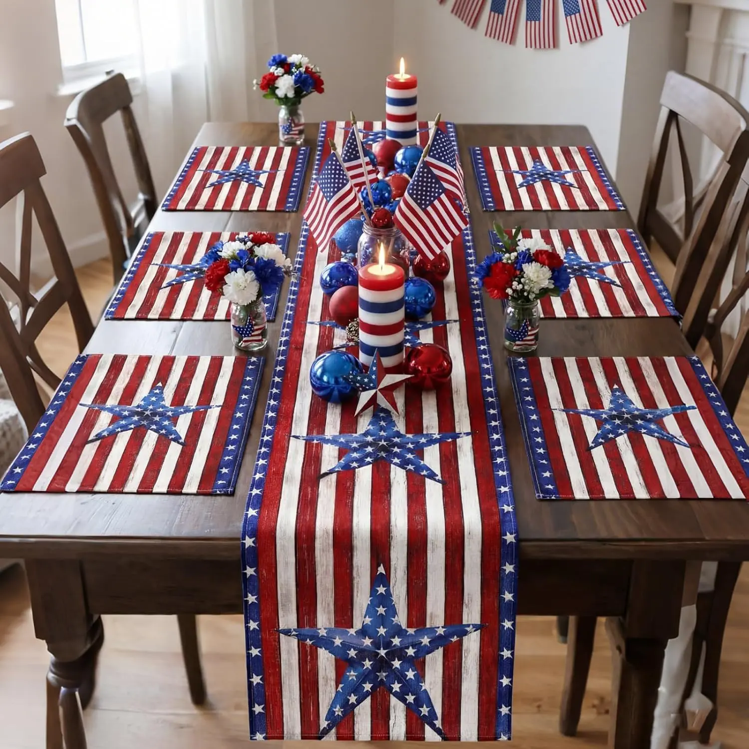 7 Pcs 4th of July Table Runner and Placemat Set Patriotic Red Blue and White Decoration for 250th Anniversary Memorial Day Independence Day USA American Holiday Kitchen Dining Room Decor Party