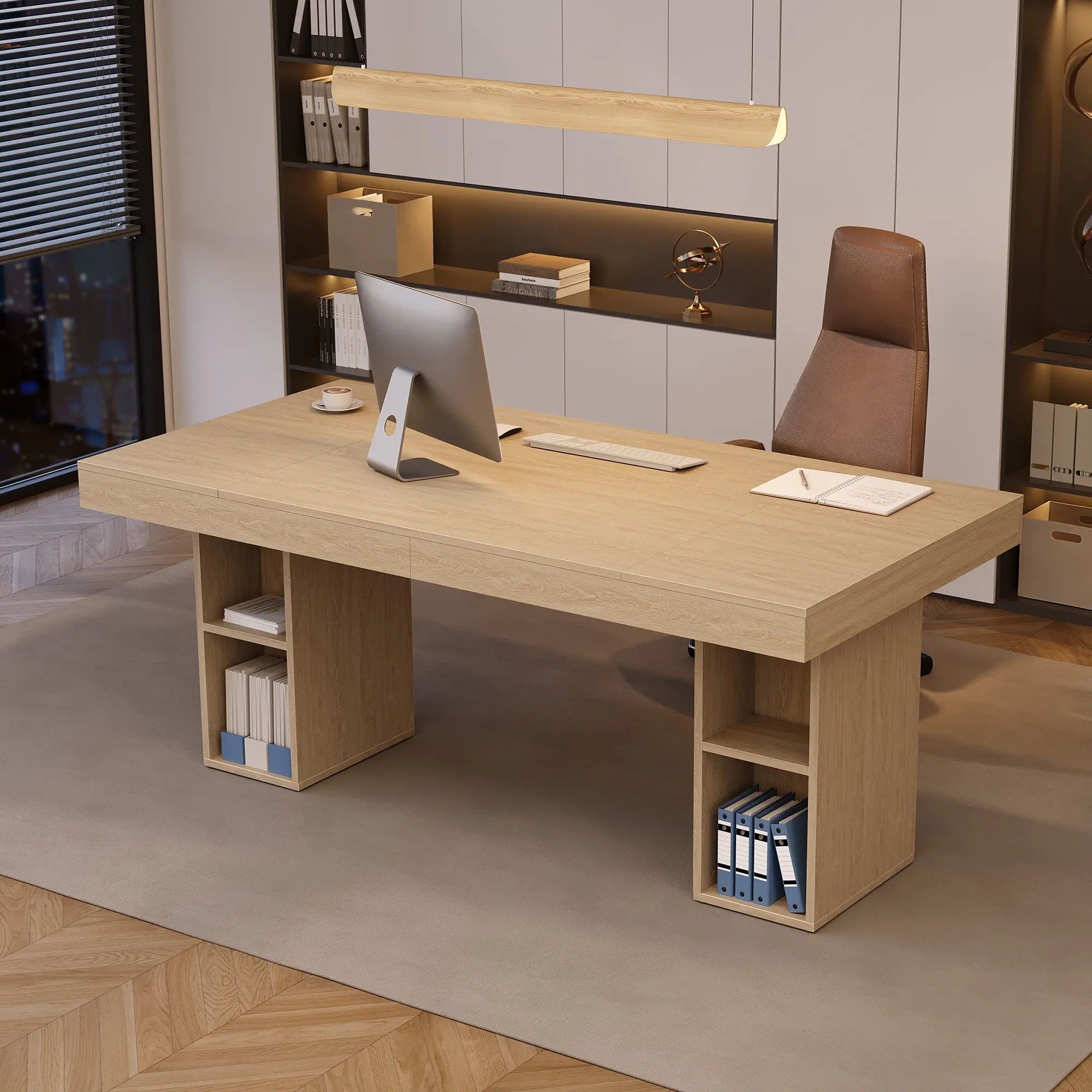 🪵 70.8" Large Wood Office Desk – 500 lbs Heavy Duty Workstation with Open Storage Shelves, Natural Wood Tone for Home Office & Study 📚✨