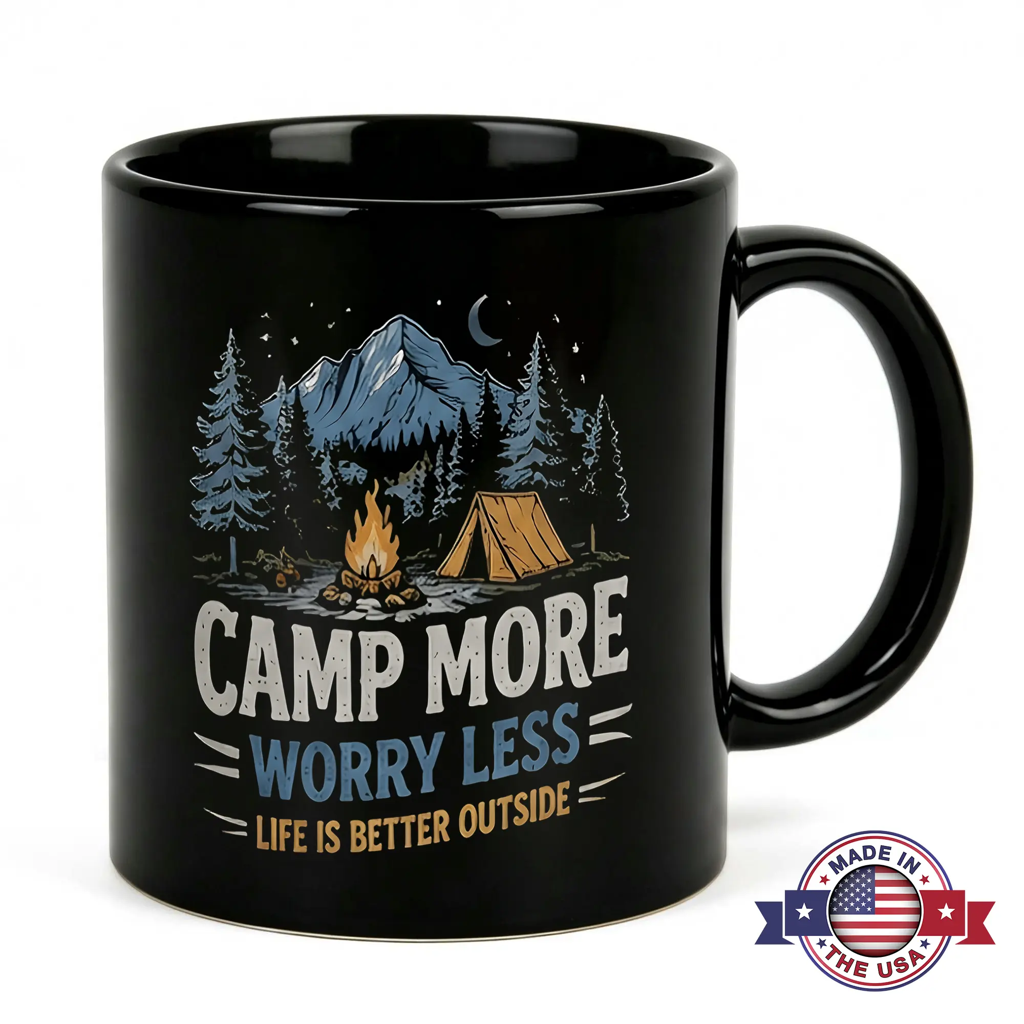 Camp More Worry Less Coffee Mug 11oz Black Ceramic Life Is Better Outside Cup Campfire Tent Mountain Landscape Graphic Novelty Gift for Men Women Camper Hiker Outdoorsman RV Traveler Nature Lover Cabin Decor Father's Day Birthday Present