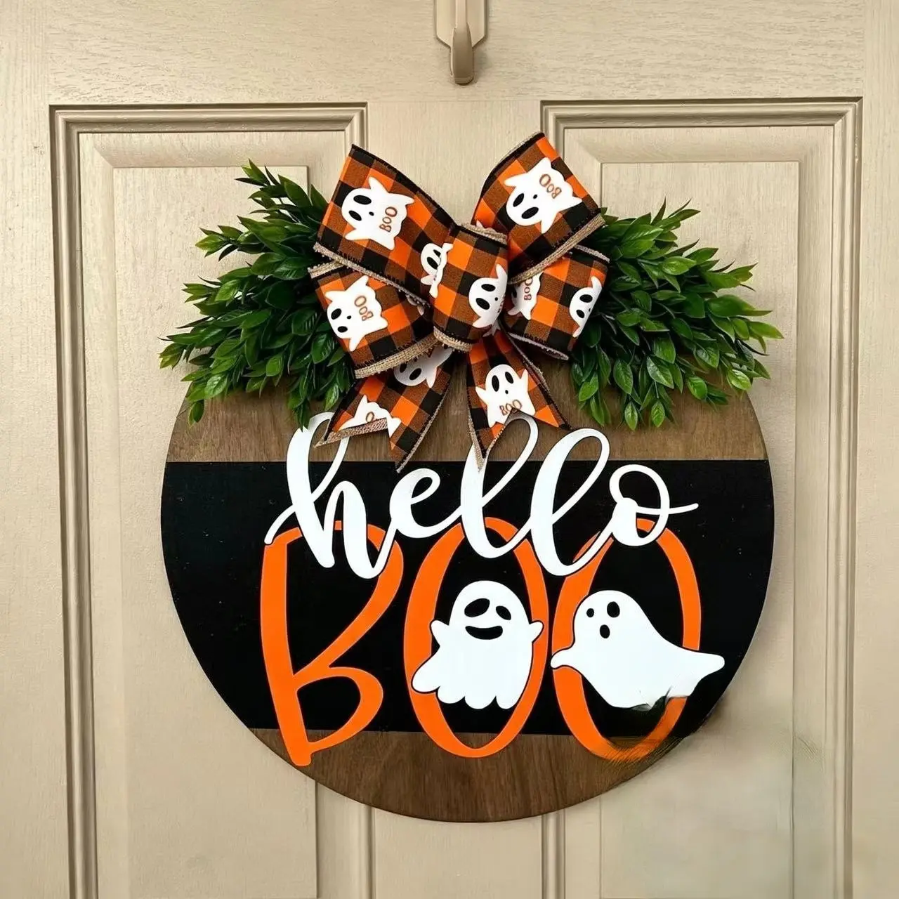 Halloween Welcome Door Sign Decorations, Fall Decor, Cute Ghost Hanger Sign for Front Door, Halloween Wooden Wreath with Bow for Farmhouse Porch Home Outdoor Wall Decor (Hello Boo)