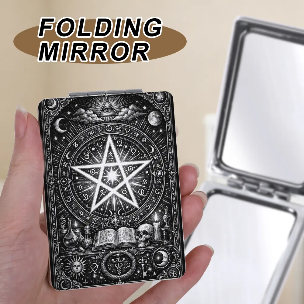 1Pc 1X/2X Magnifying Portable Folding Compact Mirror, Foldable Mirror, Vintage Gothic Occult Pentagram Pocket Makeup Mirror, Small Compact Mirror for Purse Travel Daily Touch Up, Dark Witch Aesthetic Handheld Mirror Gift for Women Girls