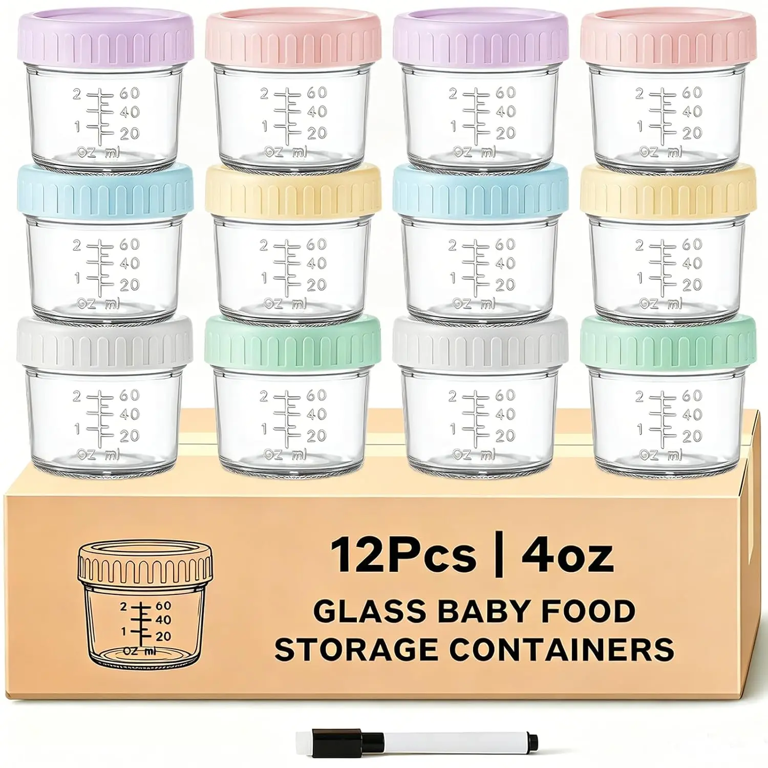 12 Pack 4 oz Glass Baby Food Containers with Lids, Leak-Proof Reusable Baby Food Jars for Purees, Meal Prep, Microwave, Dishwasher and Freezer Safe,manual