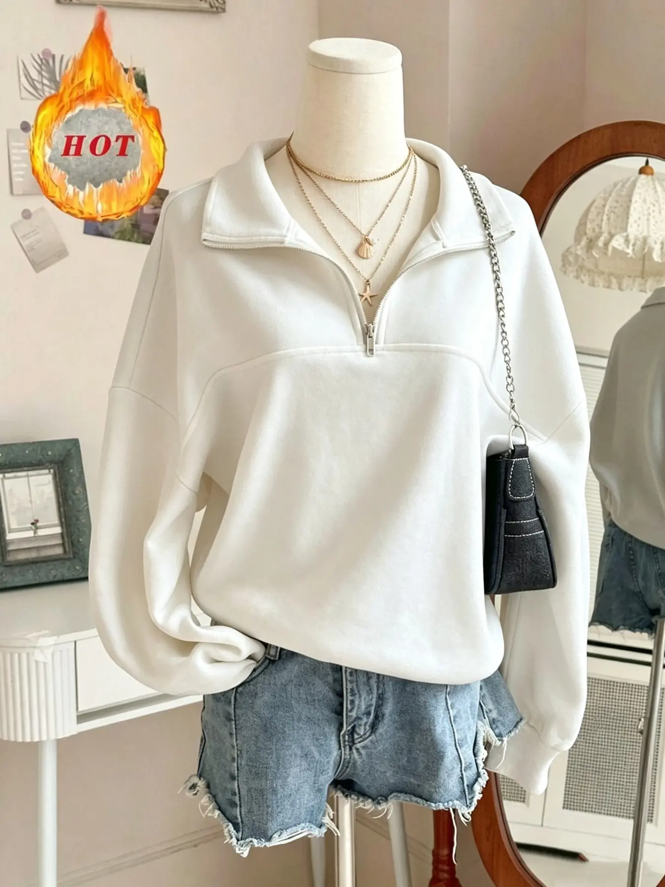 Women's Fall Winter Split Zip Neck Sporty Long Sleeve Pullover, Casual Outdoor Wear, Loose Fit Hooded Sweatshirt, Graduation Top