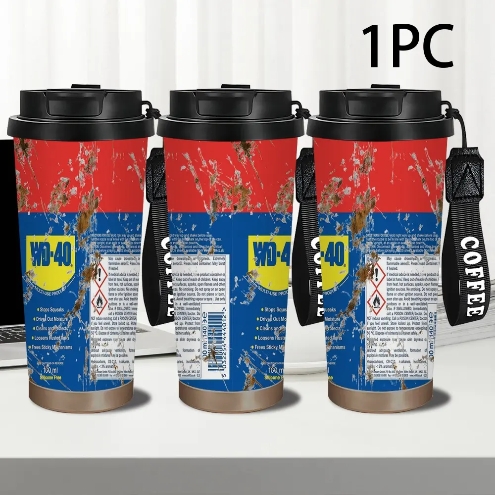 1pc 18oz stainless steel insulated cup - imitation WD-40 - retro oil-stained distressed industrial style - suitable for outdoor activities, commuting, as a personalized gift for holidays/birthdays, high-quality appearance cup