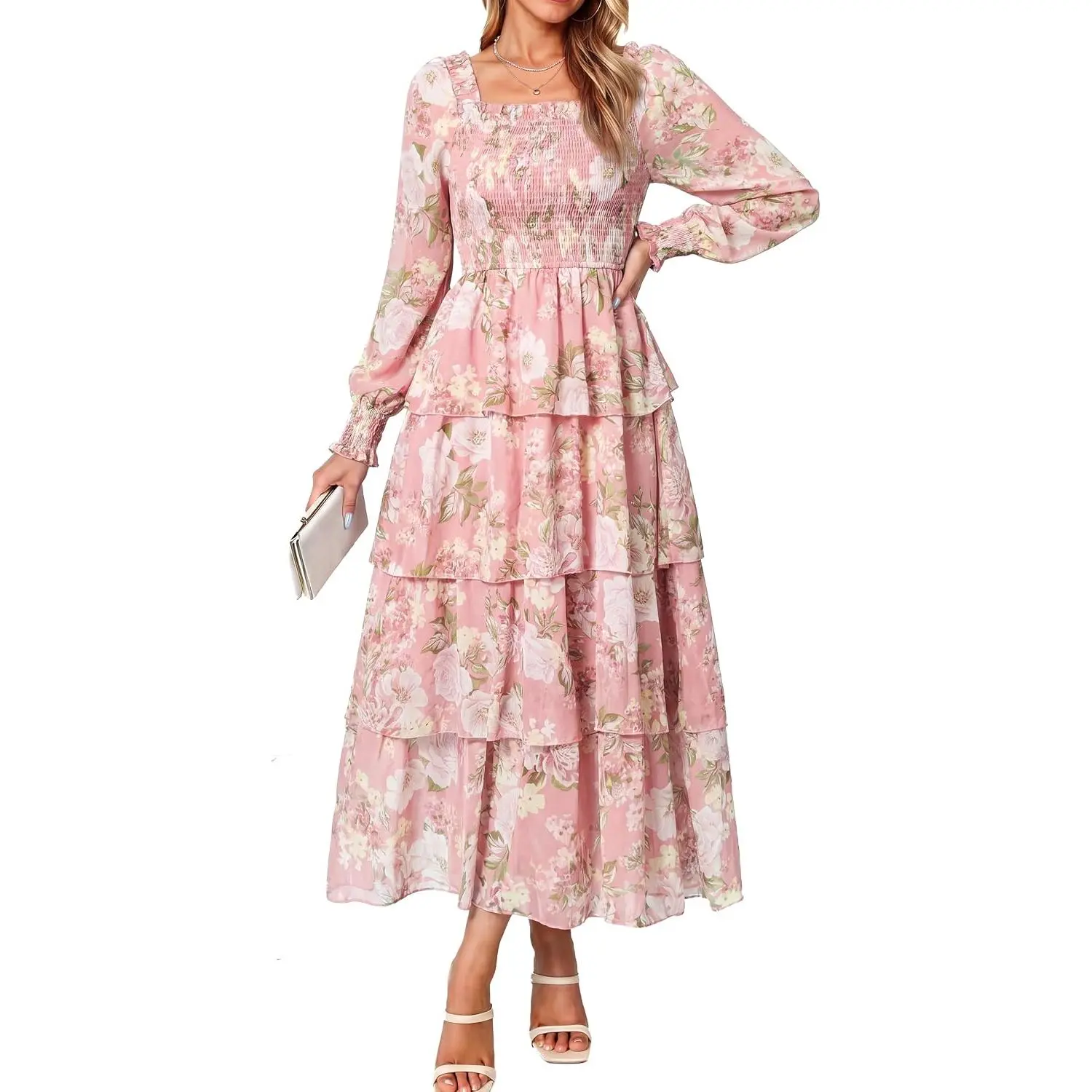 Women's Floral Boho Maxi Dress, Long Sleeve Square Neck Smocked Chiffon Gown, Flowy Tiered A-Line Skirt for Fall Wedding Guest, Birthday, Baby Shower, Photograph, Low Iron, Loose, Do Not Bleach, Hand Wash Only, Chic, Anniversary, Line Dry