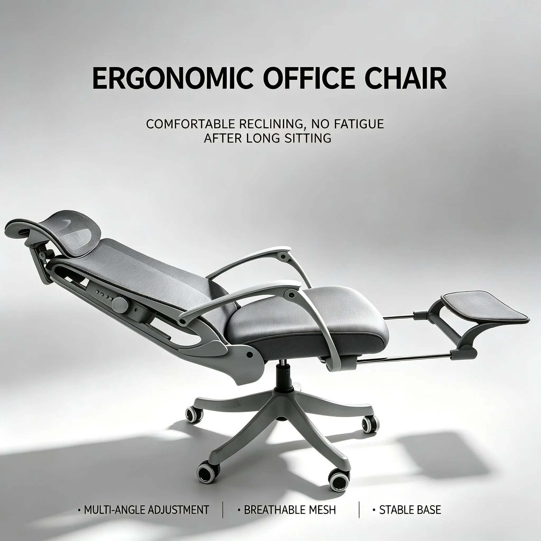 Ergonomic high-back office chair with retractable footrest, featuring 90–165° recline and lumbar massage; includes adjustable headrest and armrests, breathable fabric, and swivel base—suitable for home office and gaming.