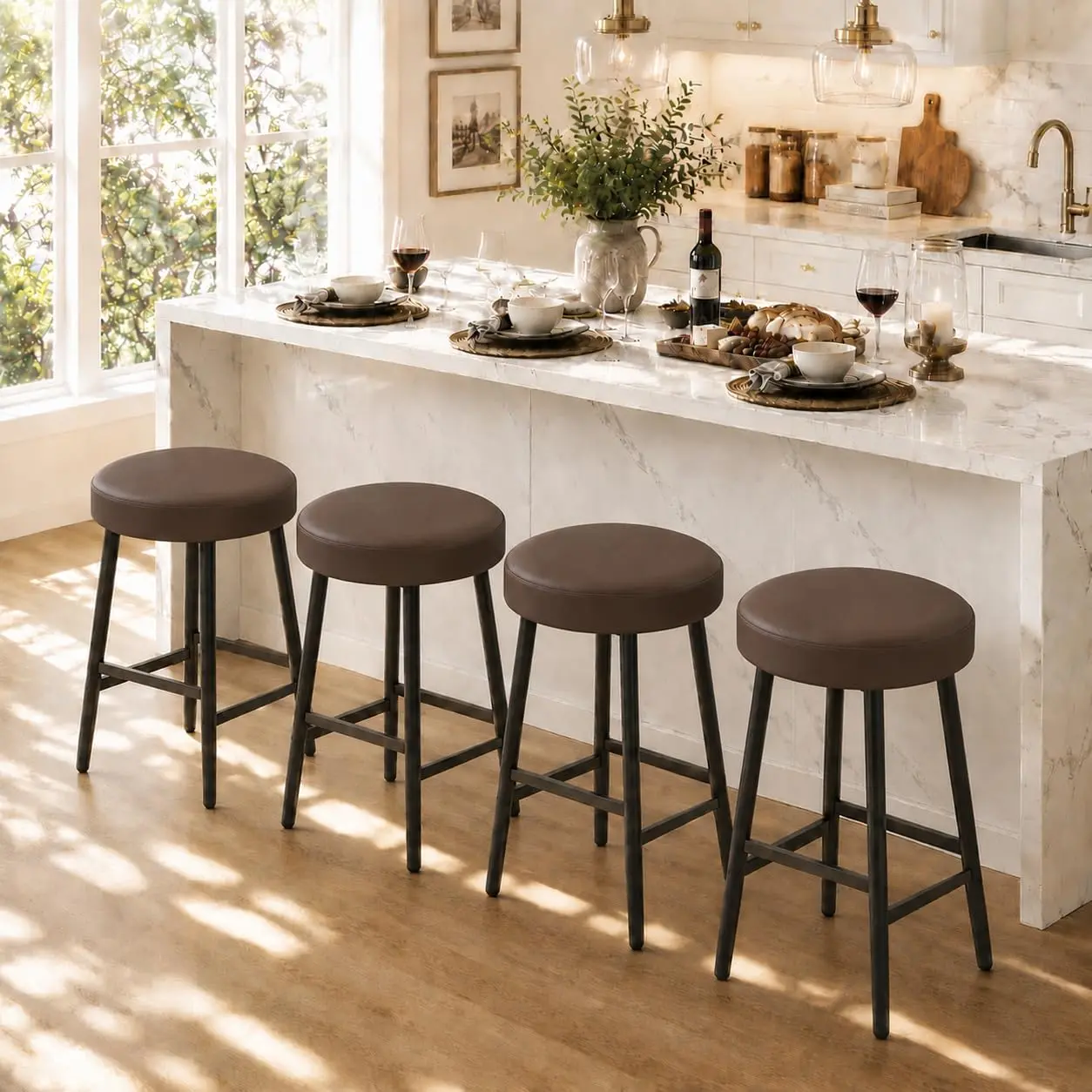26" Counter Height Barstools Set of 4, Backless Kitchen Island Stool | Sturdy Metal Legs and Footrest, Modern Rustic Upholstered Wider Round Seating for Dining Room, Breakfast Bar,Brown